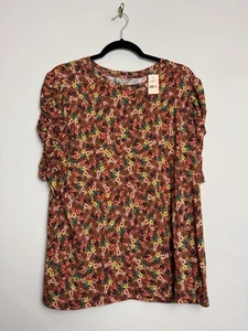 Ann Taylor Loft Womens Top Plus Size 14 Floral Print Ruche Elbow Sleeve Maroon - Picture 1 of 5