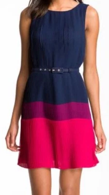 Jessica Howard Accordion Pleat Dress Sz 12 Navy Purple Pink Shift Chiffon *Note - Image 1 of 4