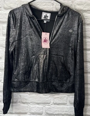 Sudadera con Capucha Juicy By Juicy Couture Negra y Plateada Terciopelo Brillante Talla Pequeña Y2K Foto 1 de 4