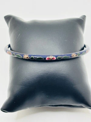 Cloisonne Royal Blue Enamel Flowers Bangle Bracelet Vintage Asian - Image 1 of 4