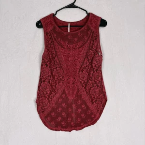 Free People Heathered Dark Reddish Pink Floral Lace Front Tank Top Size Small - Picture 1 of 9