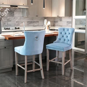 2pcs Velvet Upholstered Barstools 26"H Counter Height Chair Stools (Light Blue) - Picture 1 of 15