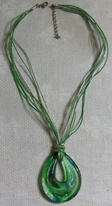 ST Green & Silver Cord Green Art Glass Teardrop Loop Pendant 18.5" Necklace - Picture 1 of 5