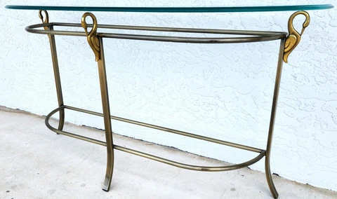 Vintage Brass Swans Console Table Glass Top Demilune Cover