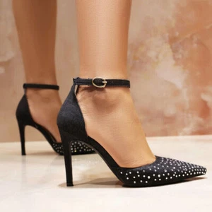 Womens Pointed Toe Bling Rhinestones Party Pumps High Heels Ankle Strap OL Shoes - Picture 1 of 19