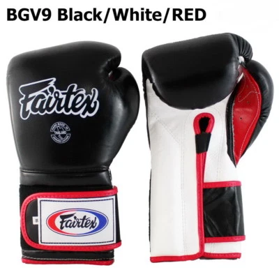 FAIRTEX MUAY THAI BOXING GLOVES BGV9 BLACK WHITE RED PRO TRAINING MEXICAN STYLE