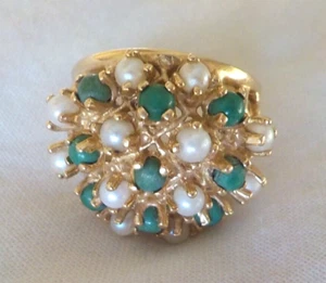 Heavy Solid 14K Yellow Gold Basketweave Turquoise Pearl Ring - 8.23 gms, Sz 8.25 - Picture 1 of 12