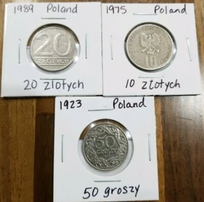 Poland Coins 1923 50 Groszy Y# 13, 1975 10 Zlotych Y# 74, 1989 20 Zlotych Y# 153 - Image 1 of 4