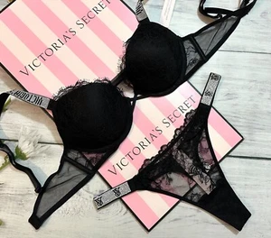 Victoria's Secret Shine Strap Bombshell Lace Push-Up Bra Thong Set Black - Picture 1 of 7