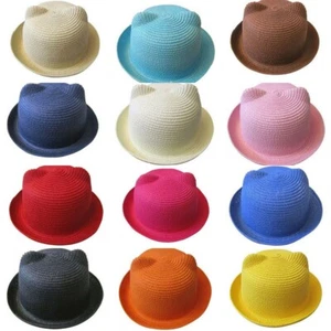 Girls Boys Straw Hat Cute Cat Ears Bowler Hats Cloche Cap Beach Sunhat - Picture 1 of 27