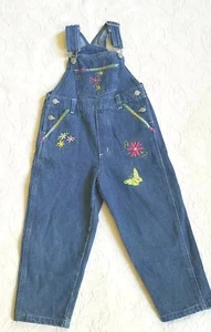 Girl's Size 4 Denim Jean Bib Overalls Embroidered Flowers Butterfly Astro EUC - Picture 1 of 4