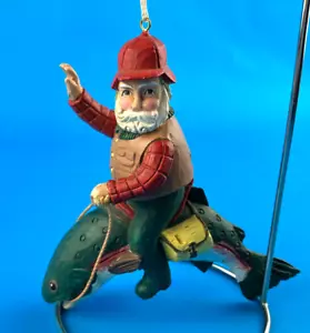 Christmas Ornament Santa Riding a Trout Fishing Fisherman Fish - Picture 1 of 6