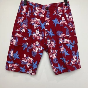 Red Camel Mens red khaki cotton hawaiian floral Print Bermuda Cargo shorts Sz 29 - Picture 1 of 14