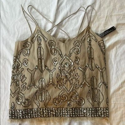 Venus Women's Embellished Beige Linen Blend Top size Large Silver Sequins  NWT - Image 1 of 4