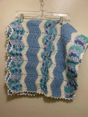 30 X 42 Afghan Baby Boy Crochet Blanket Blue Purple White Handmade 30”x42” Wave - Image 1 of 4
