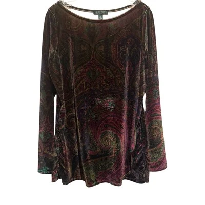 Ralph Lauren Sz XL Deep Rich Paisley Polyester Velvet Tunic Top Ruched Sides - Image 1 of 4