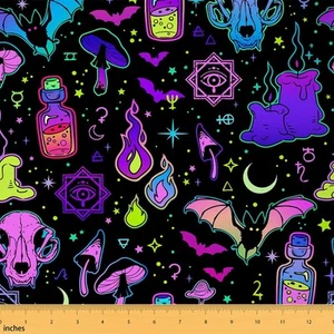 Halloween Bats Fabric by The Yard, Magic Witch Skull Mushroom Upholstery Fabr... - Picture 1 of 6