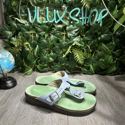 SAS Sanibel Sandal Blue Green Leather Sz 9 M Flip Flop Thong TStrap Buckle - Image 1 of 4