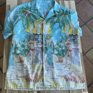 Vintage Homemade LARGE HAWAIIAN TIKI BAR BUTTON UP SHIRT BIKINI GIRLS Beach Surf - Picture 1 of 10