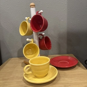 Fiestaware Set of 5 Coffee Tea Cups & 2 Saucers Red & Yellow With Tree - Picture 1 of 18