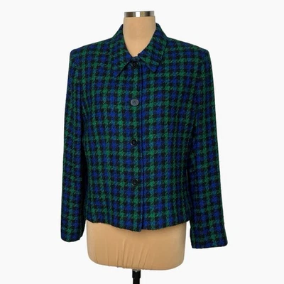Chaqueta Blazer Kasper ASL Mujer 14 Azul Verde Pata de Gallo Botón Delantero Años 90 De Colección Foto 1 de 4