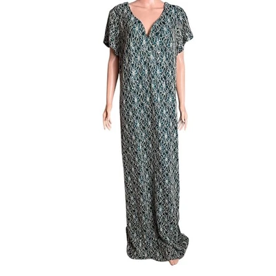 Connected Teal Silver Maxi Dress 20W Tall Mirror Sequins Vee Neck Embroidered - Image 1 of 4