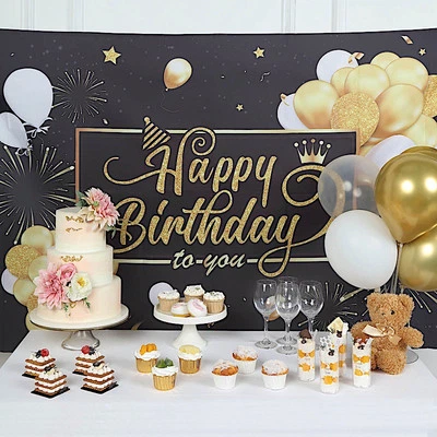 6x3 ft BLACK GOLD Printed Polyester Photo Backdrop Happy Birthday BANNER Party - Image 1 of 4