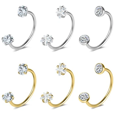 Lote de 3 piezas de pendientes de anillo de herradura piercing nariz tabique circonita cúbica acero inoxidable 18G Foto 1 de 4