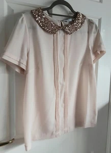 NEW LOOK PEACH BLOUSE - GOLD SEQUIN PETER PAN COLLAR - SIZE 14 - EXC CON - Picture 1 of 9