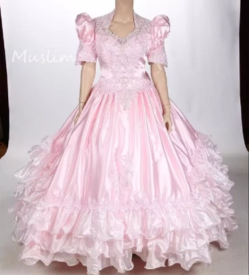 Victorian Inspired Pink Wedding Dress Tiered Ruffles Lace Short Sleeve Medieval - Image 1 of 4