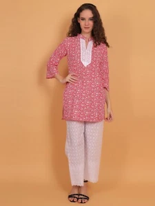 Pink Women Short Kurti with Palazzo 3/4 Sleeve Kurta Pure Cotton Floral Printed - Picture 1 of 7