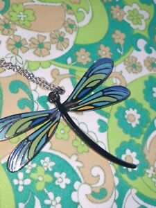 Lalique large dragonfly enamelled pendant blues greens silver chain stunning 