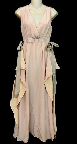 Abito Fendi beige lungo senza maniche cravatta di seta lati strati su lati taglia 40