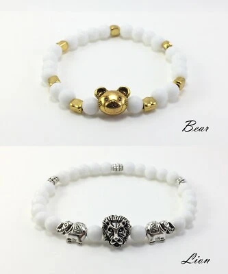 Bracciale Elastico Perline Bianche e Testa Orsetto Leone Argento Tibetano 6mm - Immagine 1 di 3