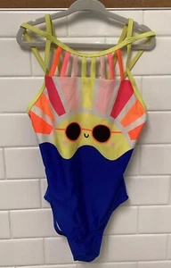 Cat & Jack One Piece Swimsuit Smiley Face Sz M 7-8 Sunshine Sunglasses Blue - Picture 1 of 6