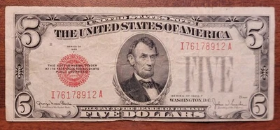 1928-F $5 nota selo vermelho placa traseira estreita # 2015 bloco I-A fino-VF escasso - Imagem 1 de 2