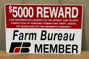 Vintage Farm Bureau Mitglied Blechschild 5000 $ Belohnung rot weiß 11"x17" Sammlerstück - Bild 1 von 6
