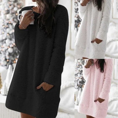 Womens Tedy Bear Fluffy Fleece Jumper Dress Ladies Casual Lounge Wear Pajamas Pj - Image 1 of 4
