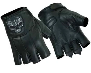 Herren Leder Motorrad Fingerlose Handschuhe mit reflektierendem Totenkopf Design & Gel Handfläche - Bild 1 von 9