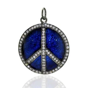 Diamant Emaille Peace Zeichen Anhänger 925 Stern Silber - Bild 1 von 5