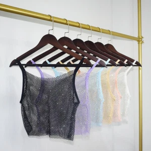Women Rhinestone Camisole Vest Tank Tops Spaghetti Glitter Shiny Clubwear - Picture 1 of 22