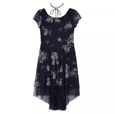 BRAND NEW WITH TAGS Amy's Closet Girls’ Blue Floral High Low Dress With Necklace - Image 1 of 4