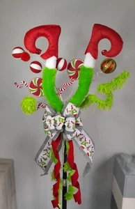 Unique Handmade Green monster Grinch inspired christmas Tree Topper Bow - Picture 1 of 12