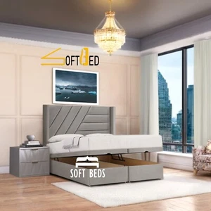 Luxury Wing Back Skylar Divan Storage Bed Upholstered Bed With Gas Lift Storage - Picture 1 of 9