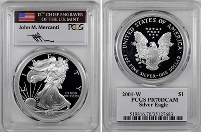 Silver Eagle 2001-W a prueba graduación profesional PR70 etiqueta negra firmada por Mercanti Foto 1 de 4