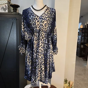 Weiß Birkenblau Animal Print Kleid Gr. MEDIUM Gepard Leopard Stretch   - Bild 1 von 5