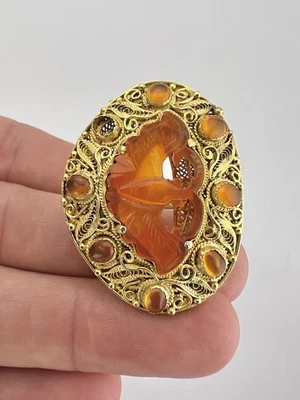 古董中国出口镀金银色装饰雕刻红宝石蝙蝠椭圆形戒指 — 第 1/4 张图片