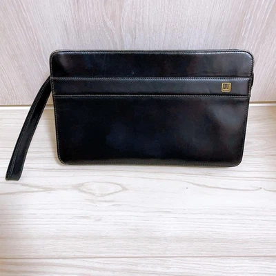 Dunhill Bolso Clutch Segundo Bolso Cuero Negro Correa de Muñeca Logo Placa Cr... - Imagen 1 de 4