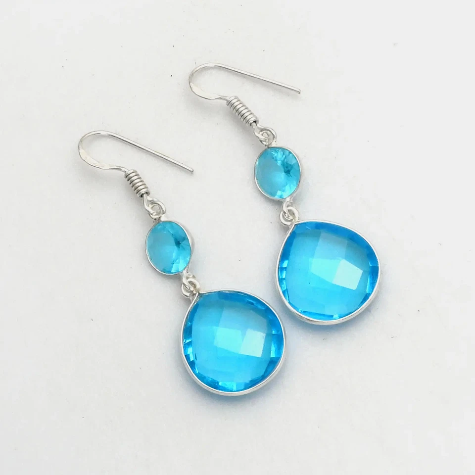 Pendientes colgantes hechos a mano con piedras preciosas de topacio azul joyería para ella 1,8" AE-99391 Foto 1 de 1