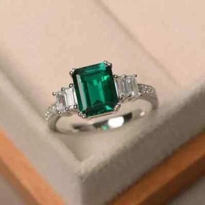 Emerald Cut Simulated Emerald Diamond Wedding Ring 10K Solid White Gold - Picture 1 of 6